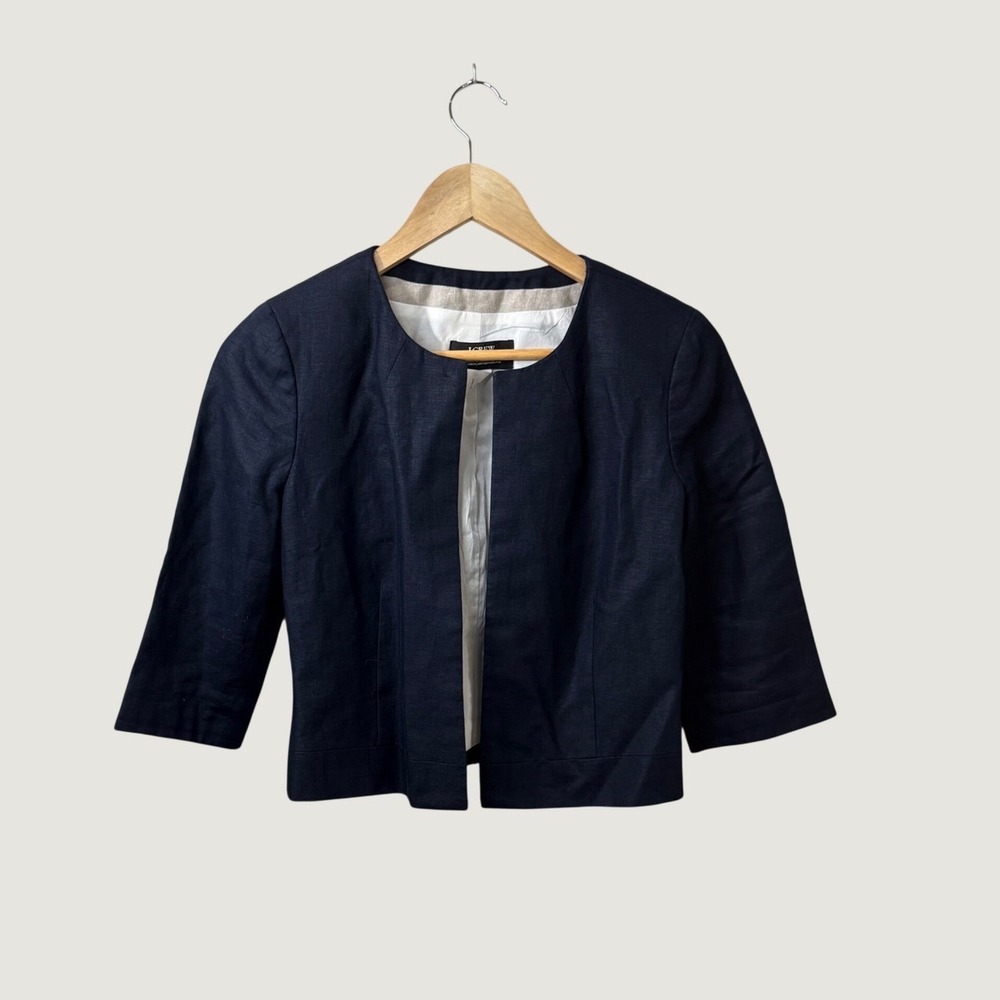 J Crew Baird McNutt Jacket Size 0 Navy 100% Linen Cropped Preppy Fall Layering